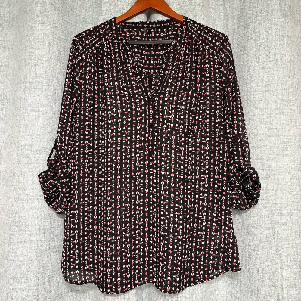 Maurices Black and White Blouse with Coral Accents